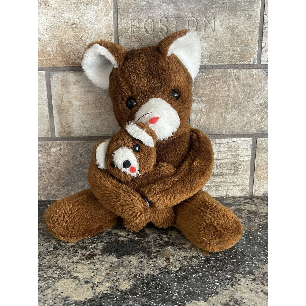 Vintage Brown Mouse Plush Stuffed Animal With Baby Cuddler Arms Felt Red Tongue